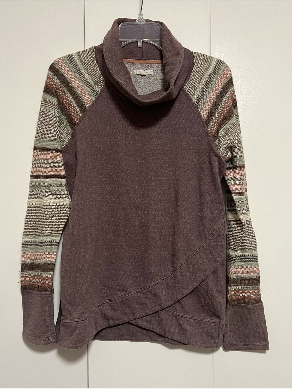 Maurices Purple Cowl Neck Sweater with Patterned Raglan Sleeves